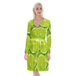 Lime Slices Close Up, Fresh, Fruit, Green Lemon Long Sleeve Velvet Front Wrap Dress