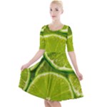 Lime Slices Close Up, Fresh, Fruit, Green Lemon Quarter Sleeve A-Line Dress