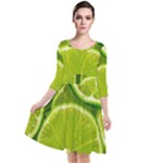 Lime Slices Close Up, Fresh, Fruit, Green Lemon Quarter Sleeve Waist Band Dress