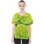 Lime Slices Close Up, Fresh, Fruit, Green Lemon V-Neck Dolman Drape Top