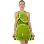 Lime Slices Close Up, Fresh, Fruit, Green Lemon Halter Tie Back Chiffon Dress