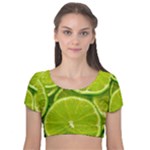 Lime Slices Close Up, Fresh, Fruit, Green Lemon Velvet Short Sleeve Crop Top 