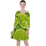 Lime Slices Close Up, Fresh, Fruit, Green Lemon Quarter Sleeve Ruffle Waist Dress