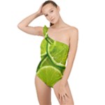 Lime Slices Close Up, Fresh, Fruit, Green Lemon Frilly One Shoulder Swimsuit