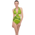 Lime Slices Close Up, Fresh, Fruit, Green Lemon Halter Front Plunge Swimsuit