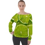 Lime Slices Close Up, Fresh, Fruit, Green Lemon Off Shoulder Long Sleeve Velour Top