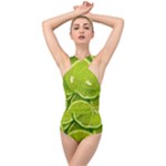 Lime Slices Close Up, Fresh, Fruit, Green Lemon Cross Front Low Back Swimsuit