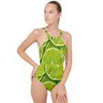 Lime Slices Close Up, Fresh, Fruit, Green Lemon High Neck One Piece Swimsuit