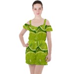 Lime Slices Close Up, Fresh, Fruit, Green Lemon Ruffle Cut Out Chiffon Playsuit