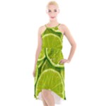 Lime Slices Close Up, Fresh, Fruit, Green Lemon High-Low Halter Chiffon Dress 