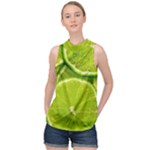 Lime Slices Close Up, Fresh, Fruit, Green Lemon High Neck Satin Top