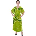 Lime Slices Close Up, Fresh, Fruit, Green Lemon V-Neck Boho Style Maxi Dress