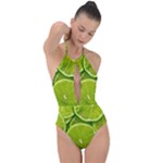 Lime Slices Close Up, Fresh, Fruit, Green Lemon Plunge Cut Halter Swimsuit