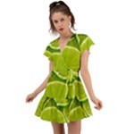 Lime Slices Close Up, Fresh, Fruit, Green Lemon Flutter Sleeve Wrap Dress