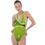 Lime Slices Close Up, Fresh, Fruit, Green Lemon Backless Halter One Piece Swimsuit