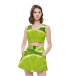 Lime Slices Close Up, Fresh, Fruit, Green Lemon Women s Crop Top Pleated Skater Rave Skirt