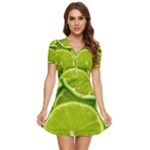 Lime Slices Close Up, Fresh, Fruit, Green Lemon V-Neck High Waist Chiffon Mini Dress