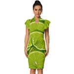 Lime Slices Close Up, Fresh, Fruit, Green Lemon Vintage Frill Sleeve V-Neck Bodycon Dress