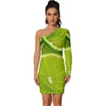 Lime Slices Close Up, Fresh, Fruit, Green Lemon Long Sleeve One Shoulder Mini Dress