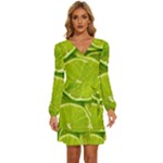 Lime Slices Close Up, Fresh, Fruit, Green Lemon Long Sleeve Waist Tie Ruffle Velvet Dress