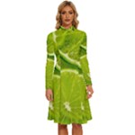 Lime Slices Close Up, Fresh, Fruit, Green Lemon Long Sleeve Shirt Collar A-Line Dress