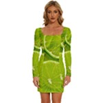 Lime Slices Close Up, Fresh, Fruit, Green Lemon Long Sleeve Square Neck Bodycon Velvet Dress