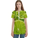 Lime Slices Close Up, Fresh, Fruit, Green Lemon Women s Zip Front V-Neck Short Sleeve Casual Top Pocket Shirt