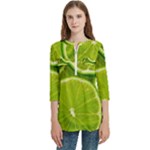 Lime Slices Close Up, Fresh, Fruit, Green Lemon Women s Zip Front V-Neck 3/4 Sleeve Casual Top Pocket Shirt