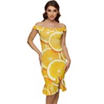 Oranges, Orange, Fruits Off Shoulder Ruffle Split Hem Bodycon Dress