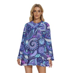 Round Neck Long Sleeve Bohemian Style Chiffon Mini Dress 