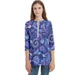 Patterns, Doodles, Pattern, Colorful Women s Zip Front V-Neck 3/4 Sleeve Casual Top Pocket Shirt