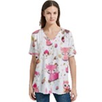 Pink Woodland Animals, Koteto V-Neck Split Shoulder Casual T-Shirt