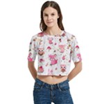 Pink Woodland Animals, Koteto Women s Round Neck Short Sleeve Crop Top