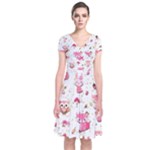 Pink Woodland Animals, Koteto Short Sleeve Front Wrap Dress