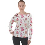 Pink Woodland Animals, Koteto Off Shoulder Long Sleeve Velour Top