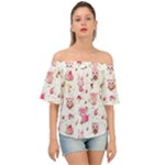 Pink Woodland Animals, Koteto Off Shoulder Short Sleeve Top