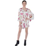 Pink Woodland Animals, Koteto V-Neck Flare Sleeve Mini Dress