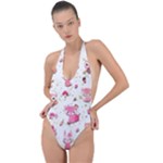 Pink Woodland Animals, Koteto Backless Halter One Piece Swimsuit