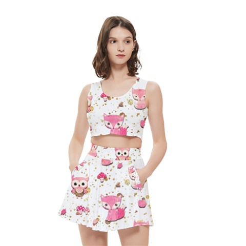 Pink Woodland Animals, Koteto Women s Crop Top Pleated Skater Rave Skirt from ArtsNow.com