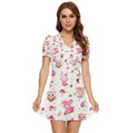 Pink Woodland Animals, Koteto V-Neck High Waist Chiffon Mini Dress