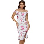 Pink Woodland Animals, Koteto Off Shoulder Ruffle Split Hem Bodycon Dress