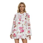 Pink Woodland Animals, Koteto Round Neck Long Sleeve Bohemian Style Chiffon Mini Dress