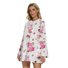 Round Neck Long Sleeve Bohemian Style Chiffon Mini Dress 