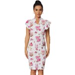 Pink Woodland Animals, Koteto Vintage Frill Sleeve V-Neck Bodycon Dress