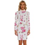 Pink Woodland Animals, Koteto Long Sleeve Shirt Collar Bodycon Dress