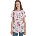 Pink Woodland Animals, Koteto Women s Zip Front V-Neck Short Sleeve Casual Top Pocket Shirt