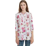 Pink Woodland Animals, Koteto Women s Zip Front V-Neck 3/4 Sleeve Casual Top Pocket Shirt