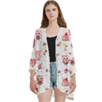 Pink Woodland Animals, Koteto Open Front 3/4 Sleeve Batwing Chiffon Cardigan Kimono