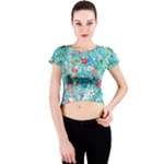 Snowy Winter Foliage, Adoxali, Christmas, Berry, Blue Crew Neck Crop Top