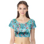 Snowy Winter Foliage, Adoxali, Christmas, Berry, Blue Short Sleeve Crop Top